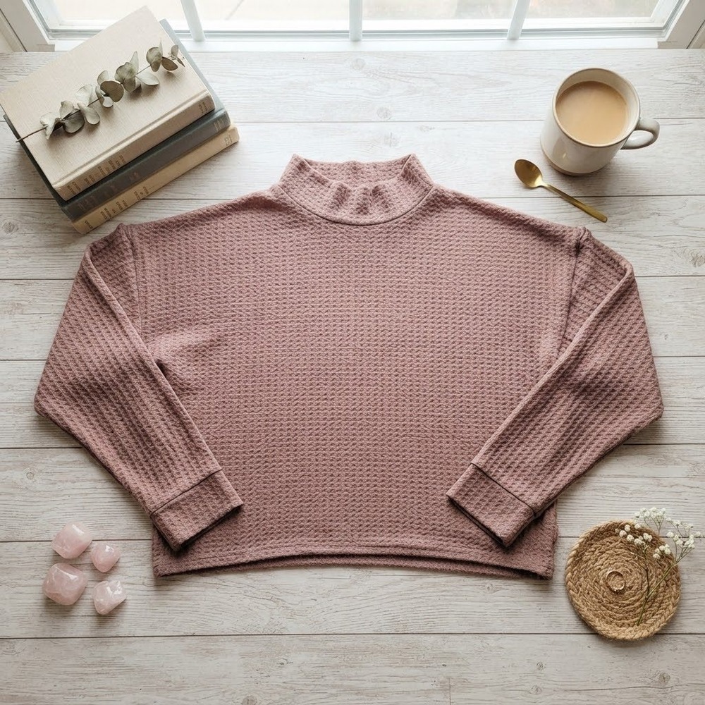 American Eagle Women XL Waffle Knit Mock Neck Top Mauve Long Sleeve Relaxed Fit